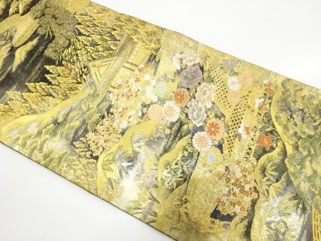 金糸　庭園風景模様織り出し　袋帯